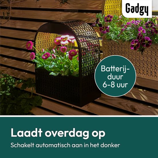 Gadgy Solar Wandlamp met Uitneembare Bloembak – Tuinverlichting op Zonneenergie – Warm Wit LED – 30x25 cm – Zwart Metaal