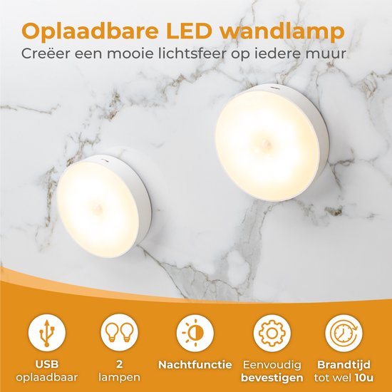 Nuvance - Draadloze Ledlamp - 2 Stuks - Warm Wit Licht - Magnetisch - Dag en Nacht Sensor - Usb Oplaadbaar - Kastverlichting – Wandlamp