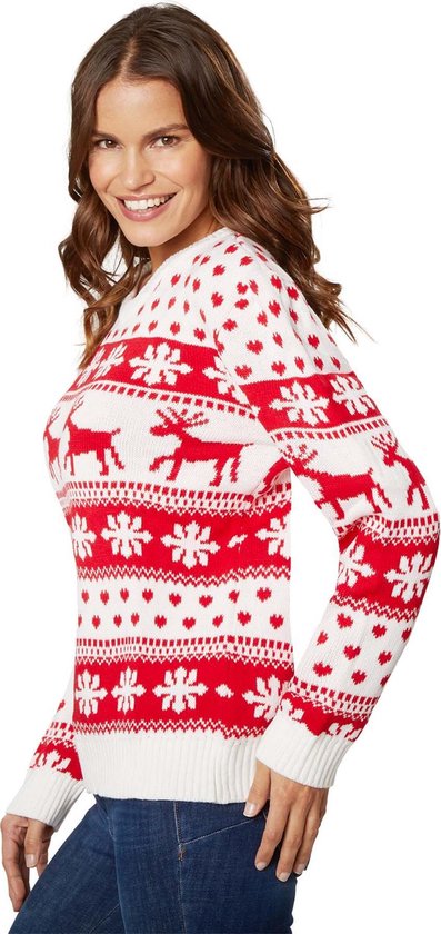 Dressforfun Kersttrui wintertoverpracht wit-rood voor vrouwen XXL - verkleedkleding kostuum halloween verkleden feestkleding carnavalskleding carnaval feestkledij partykleding - 303339