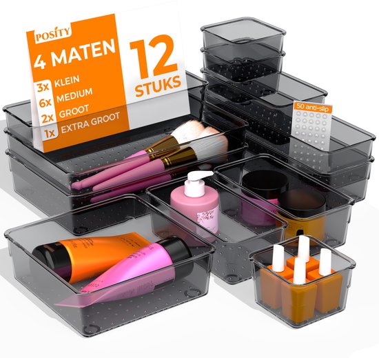 Posity Lade Organizer - 12 Stuks - Organizer Bakjes - Lade Bakjes - Opbergbakjes - Make-up Organizer - Voor Keuken, Badkamer & Bureau - Kunststof - Transparant