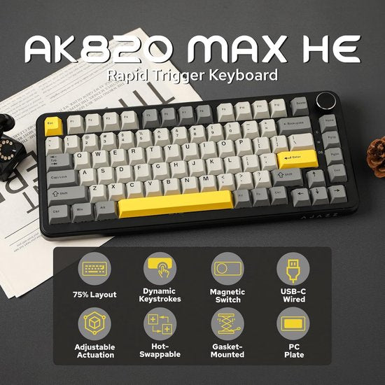 Ajazz AK820 MAX HE - 75% Bedraad RGB Gaming Toetsenbord - Hall Effect Rapid Trigger Mechanisch Toetsenborden - Gasket - Hot Swap - 8K Hz Polling Rate - QWERTY Toetsenborden - 82 Keys - Maanlicht geel