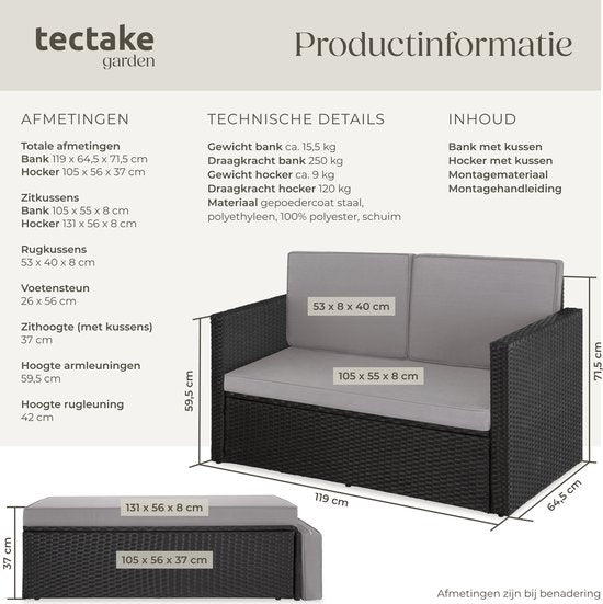 tectake® - Wicker loungesofa tuinstoel ligbed - bankstel - 2-zits fauteuil met kruk en slaapfunctie, kleine wicker bank als buitentuinmeubel, voor lounge, balkon en tuin, opvouwbaar met kussens- zwart / grijs
