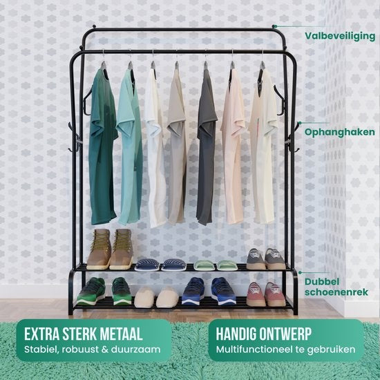 Avalo Industrieel Kledingrek Dubbele Stang - Metaal - 110x33x150 CM - Zwart - Opbergruimte Voor Schoenen - Garderoberek Met Haken
