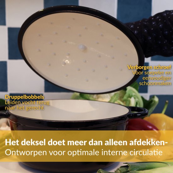 Chefarone Gietijzeren Pan 3.5L - PFAS vrij - Braadpan Inclusief Deksel - Geschikt Voor Alle Warmtebronnen - Geëmailleerd Zwart