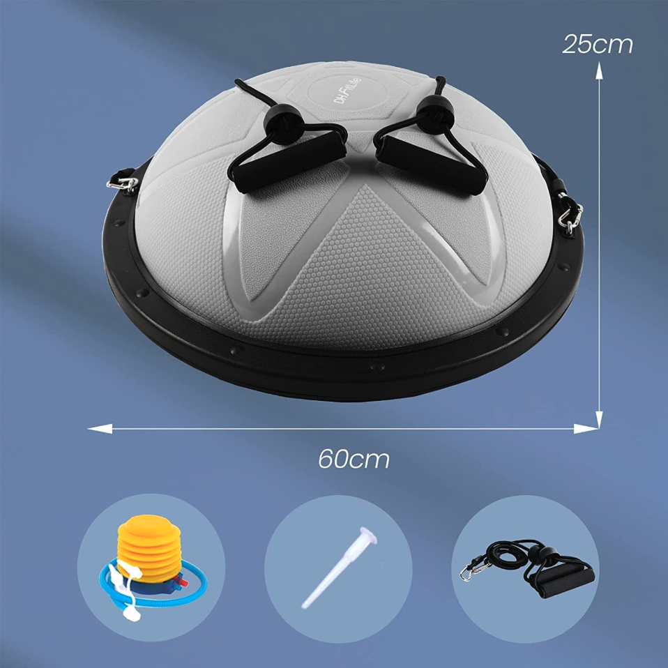 DH FitLife Balansbal – Yoga Balanstrainer Ø60 cm, Halve Gymbal met Weerstandsbanden & Pomp, Belastbaar tot 200 kg – Evenwichtsboard Fitness – Grijs