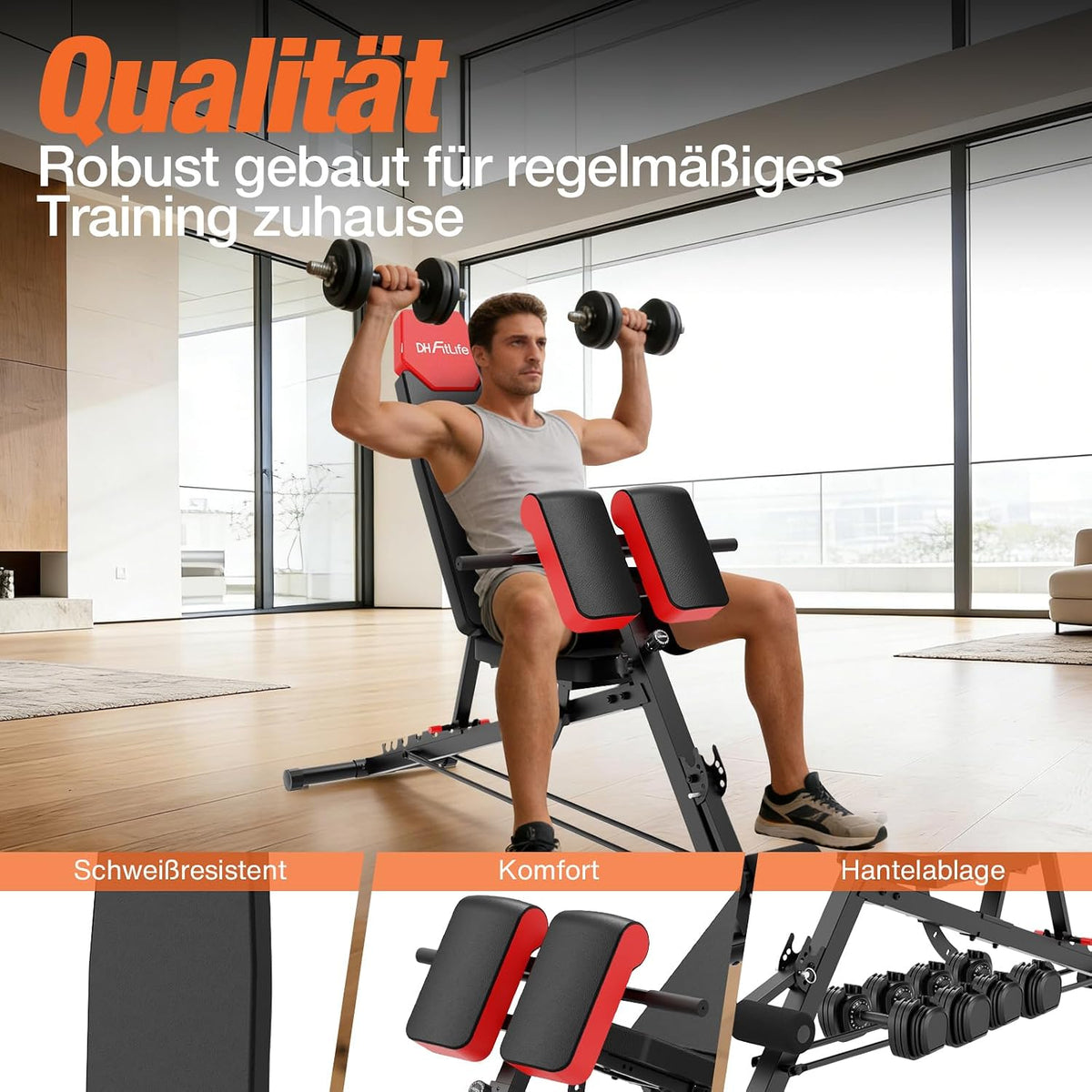 DH FitLife Halterbank 6-in-1 - Verstelbare Rugleuning - Hyperextension & Nordic Curl - Tot 350 kg - 163 x 50 x 130 cm - Zwart