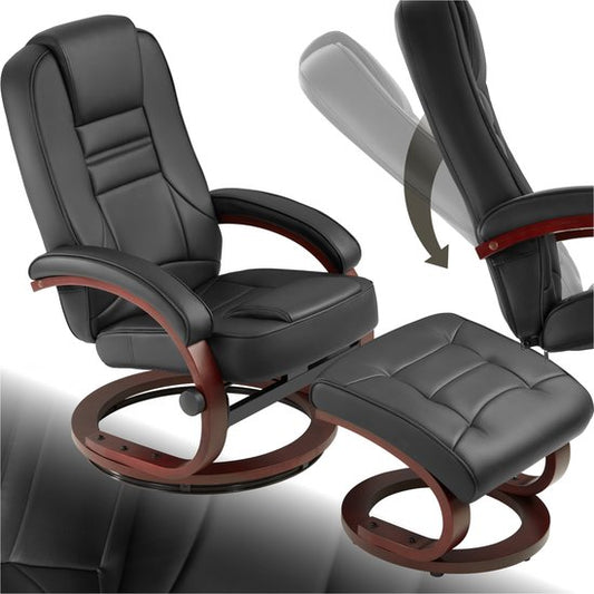 tectake® TV-Fauteuil met Kruk - Verstelbare Rugleuning - 360° Draaibare Relaxfauteuil - Houten Poten - TV-Fauteuil van Imitatieleer met Relaxfunctie - Zwart