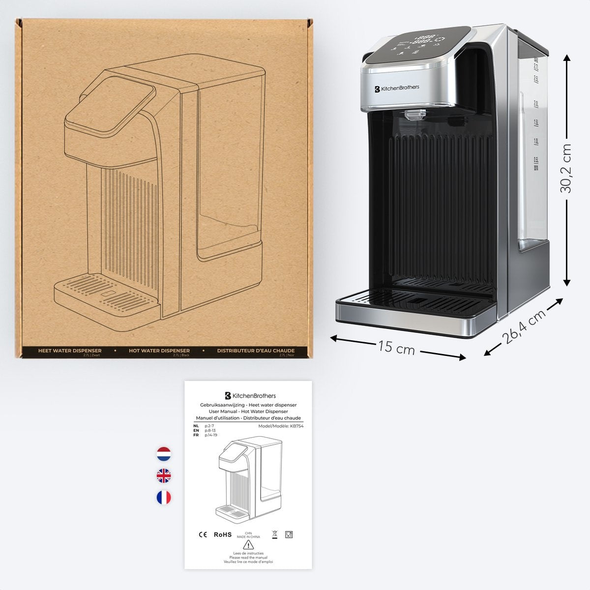 KitchenBrothers Heetwaterdispenser – 2,7L Inhoud, Instelbare Temperatuur – 2600W – 26,4 x 15 x 30,2 cm – RVS/Zwart