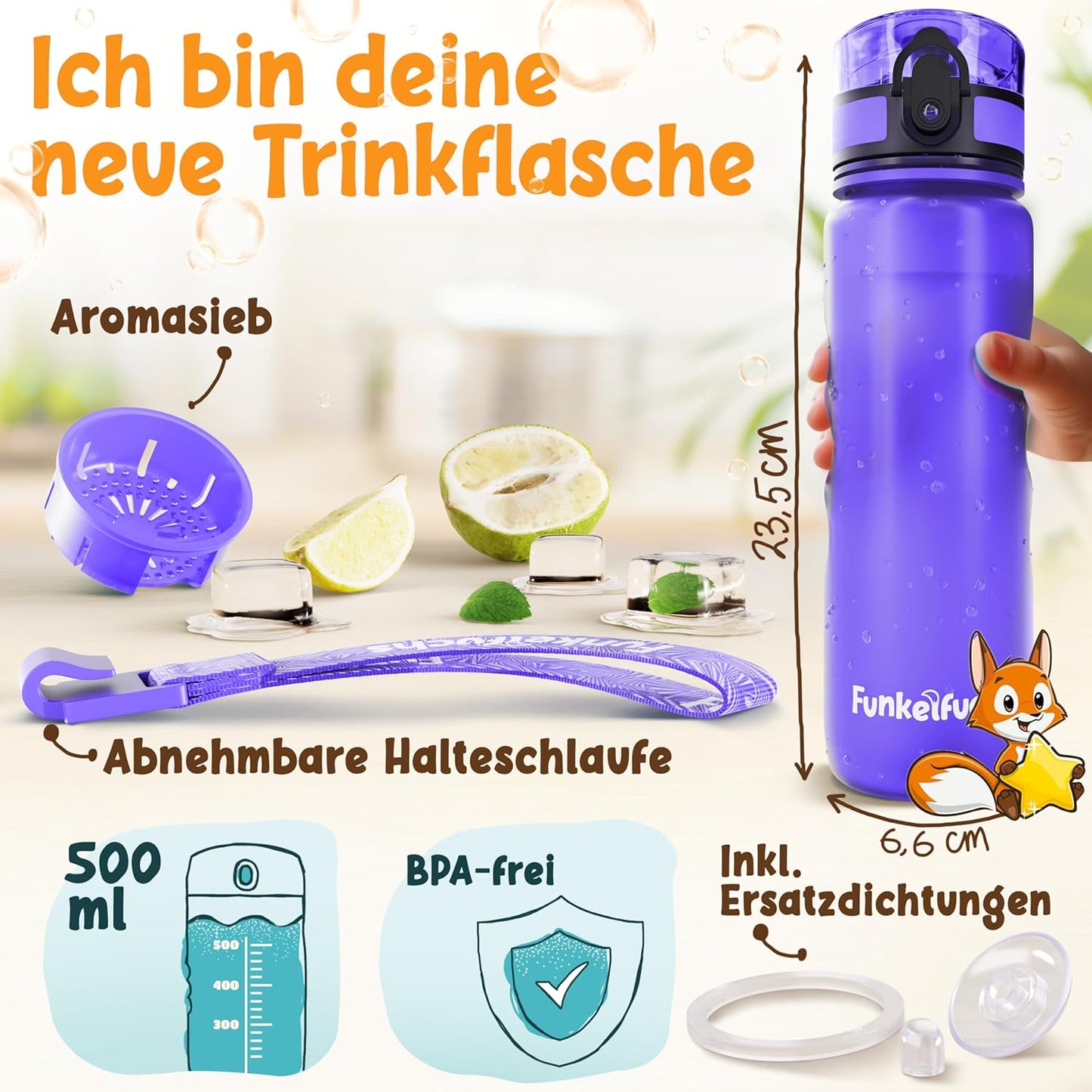 Funkelfuchs® Kinderdrinkfles 500ml – Paars – 100% Lekvrij & Koolzuurbestendig – BPA-vrij & Vaatwasserbestendig – Perfect voor School, Kleuters & Sport
