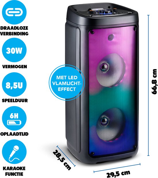 Bluetooth Speaker met Microfoon - Partybox met Sfeerverlichting - Muziek Box en Karaoke Set - Party Speaker met Bluetooth, Aux en USB Ingangen - Makkelijk te Verplaatsen met Handvat - Zwart