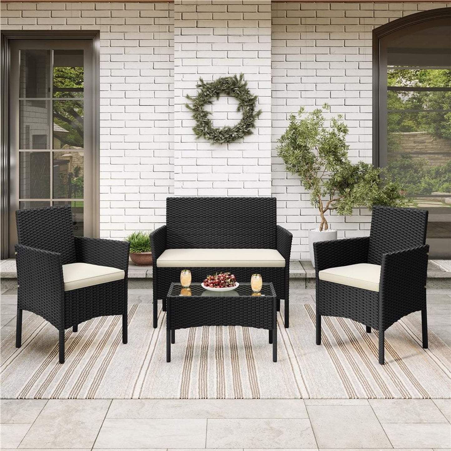 Yaheetech 4-delige Loungeset Rattan - Tafel, 2 Stoelen & 2-Zits Bank - Weerbestendige Kussens - Zwart & Beige - 106x58x80 cm