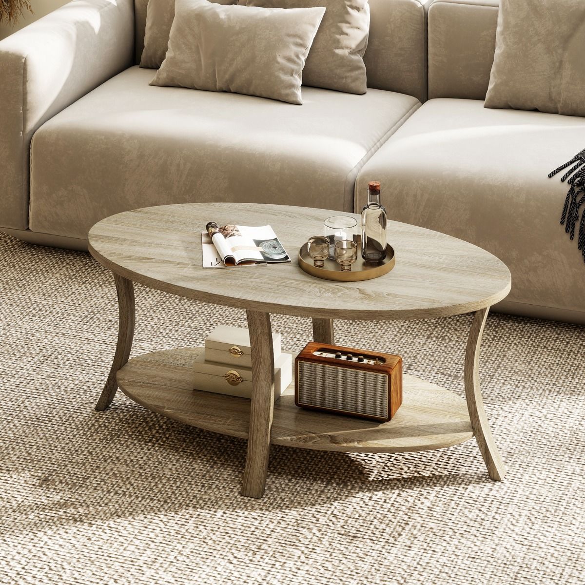 Coast Ovale Salontafel - 2-laags met opbergruimte - rubberhout en eikenlook - grijs - 111 x 60,5 x 47 cm