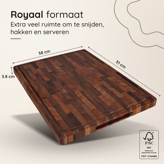 Deleca Walnoot Kopshouten Snijplank - Dubbelzijdig met Sapgeul / Handgrepen - Groot en Dikke Hakblok - Voor Keuken, Duurzame Snijplanken, Serveerplank, Kaasplank, Borrelplank, Tapasplank - Walnoten Hout - Zonder Plastic - 51x38x3.8 cm
