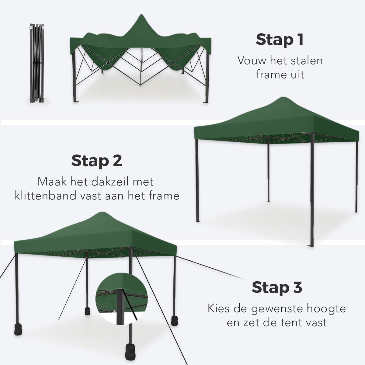 LifeGoods Partytent - Paviljoen - EasyUp - Opvouwbaar - Waterdicht - Met Draagtas met wieltjes - 300 x 300 cm - Donkergroen