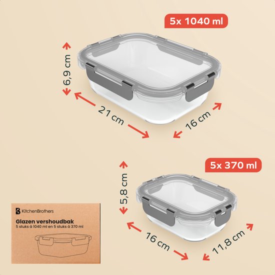 KitchenBrothers Meal Prep Bakjes - Vershoudbakjes Set - Luchtdicht - BPA-vrij - 1L en 370ml - Glas - 10 Stuks