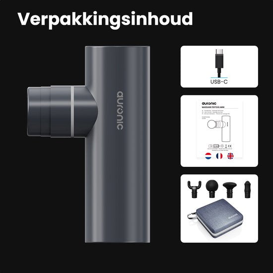 Auronic Massage Gun - Massage Apparaat - Professioneel - 4 Opzetstukken en Koffer - Massage Pistool - Hele Lichaam - Grijs