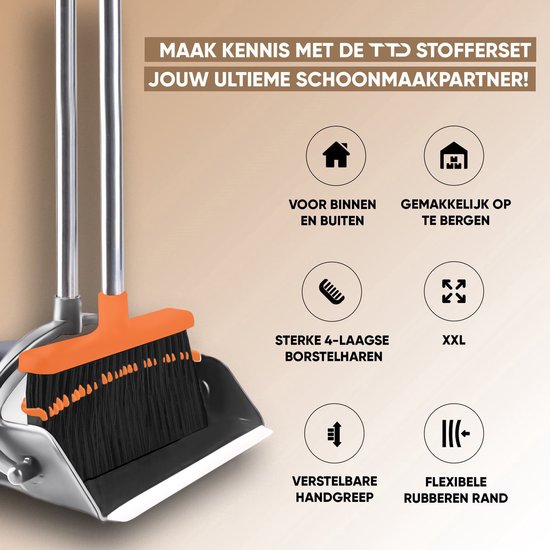 TTD® Stoffer en Blik met Lange Steel XXL - Verstelbaar 54-263 cm - Bezem - Bezemsteel - Grijs & Oranje - Veger en Blik - Vuilblik voor Binnen en Buiten - Ingebouwde Schoonmaaktanden