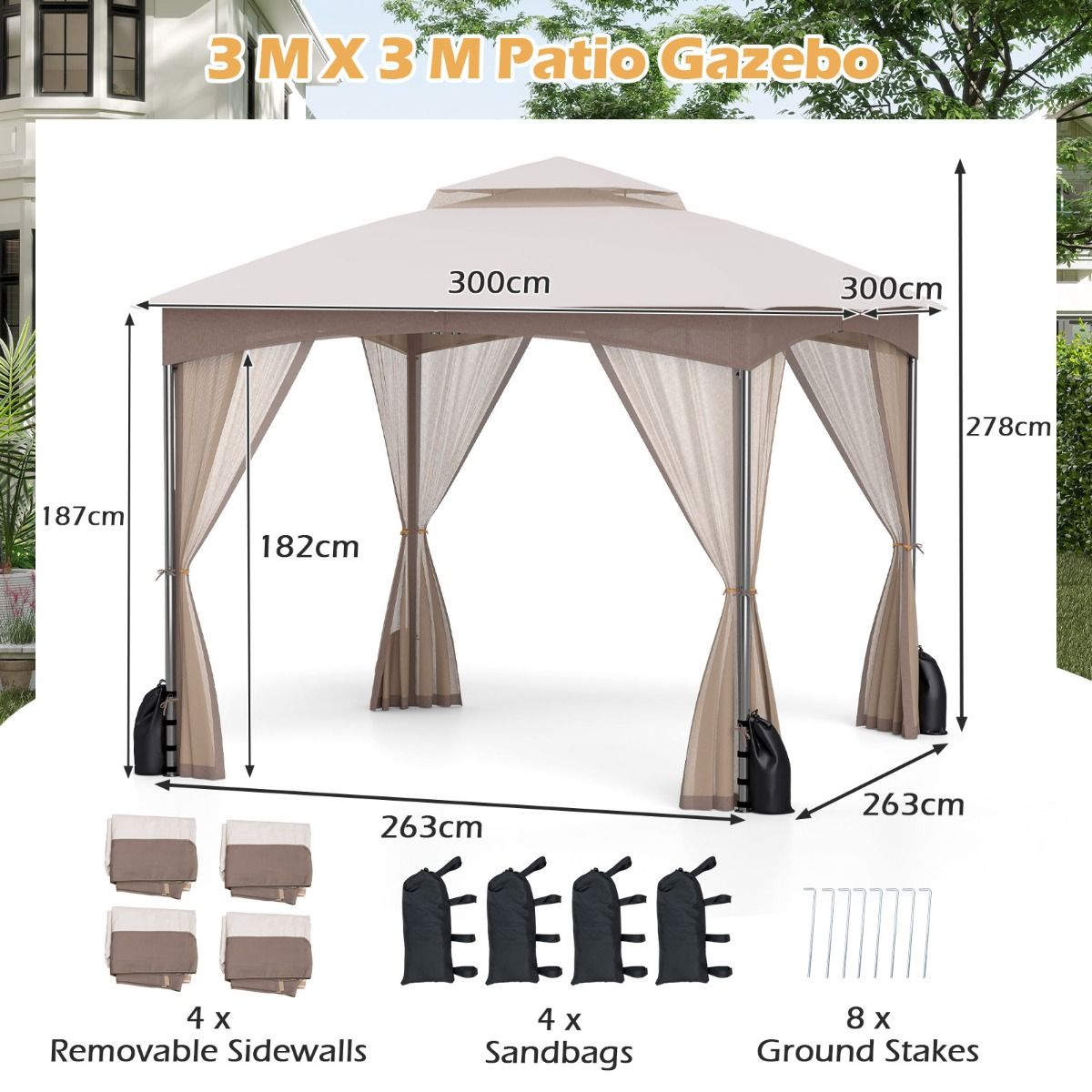 Coast Tuinpaviljoen - dubbel dak - muggennet en zandzakken - khaki 3 x 3 m