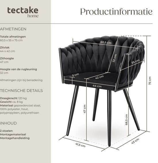 tectake® - Set van 2 Fluwelen eetkamerstoelen - Kuipstoel met armleuning in knooplook - Eetkamerstoel - Moderne eetkamerstoel voor woonkamer en eetkamer - Keukenstoel - Kaptafelstoel - Slaapkamerstoel - Diverse kleuren - Zwart