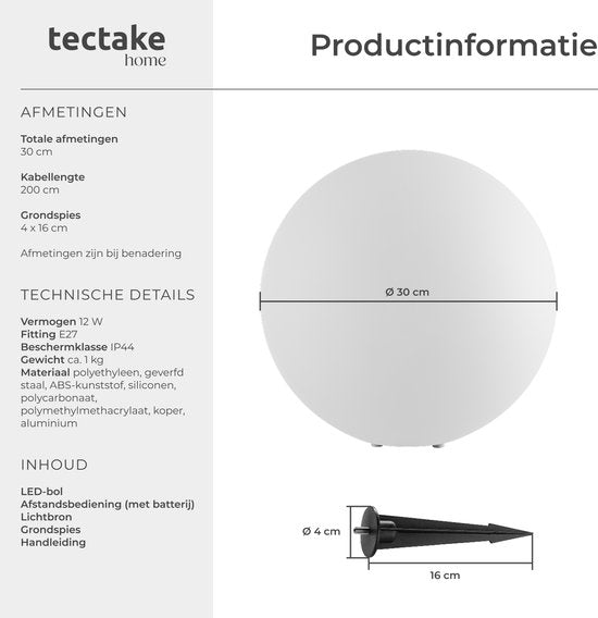 tectake® Tuinbol - Ø30 cm - Bolvorminge LED Buitenlamp met Afstandsbediening - 16 Kleuren en 5 Lichtmodi - Weerbestendige Tuinverlichting - Feestversiering - Tuindecoratie - Inclusief Lichtbron - Lichtbol - Lichtbollen voor Buiten - Bol Lamp