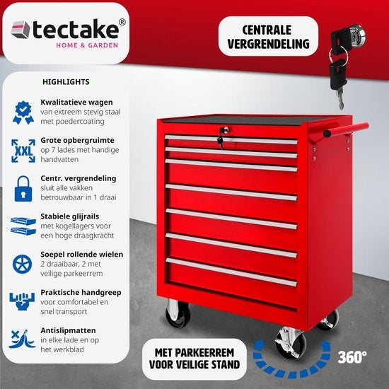 tectake® - Gereedschapswagen met 7 lades - werkplaatswagen, rijdende werkplaats, lege gereedschapswagen, gereedschapskist, 7 laden, 69 x 33 x 79 cm, wielen met rem, incl. 2 sleutels - rood