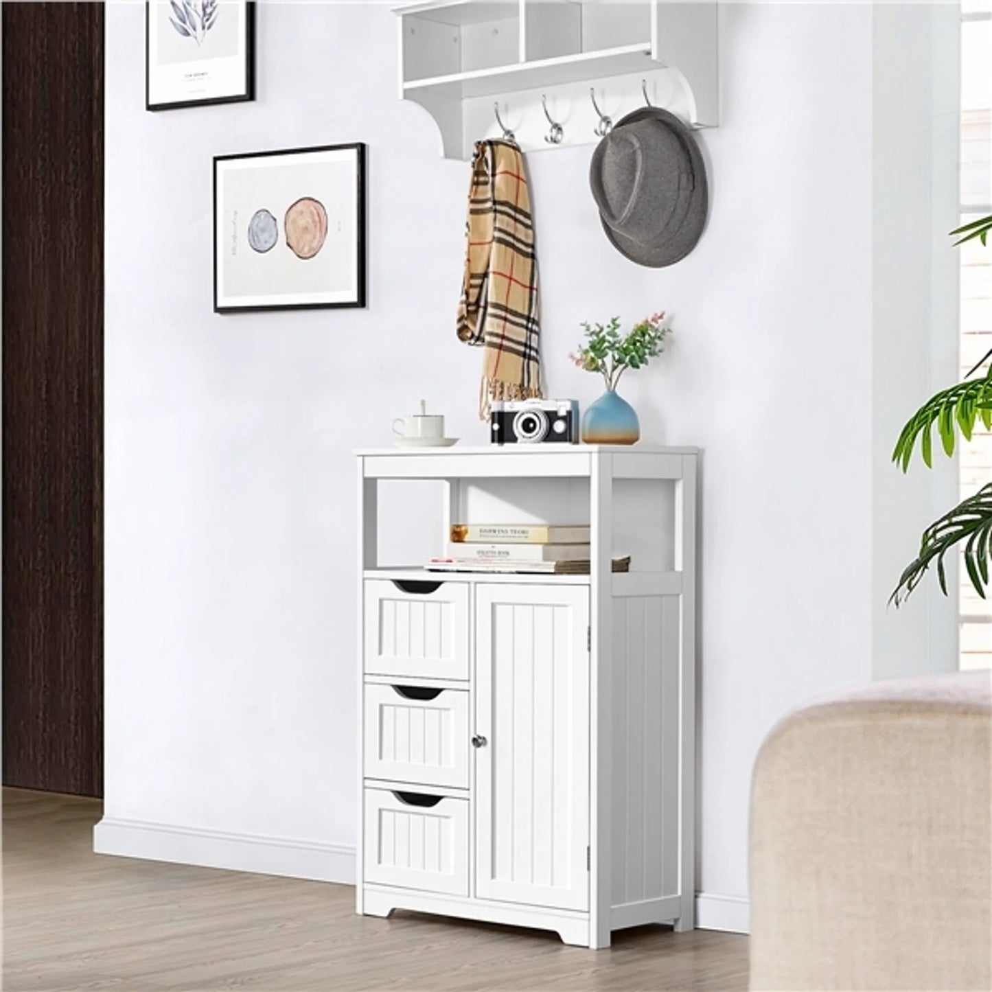 Yaheetech Badkamerkast Wit – Voorzien Van 3 Lades En Kastje Met Verstelbare Plank En Open Opbergvak – Voor Woonkamer En Slaapkamer – Wit Mdf En Metaal – 55,5 x 29,5 x 86,5 cm