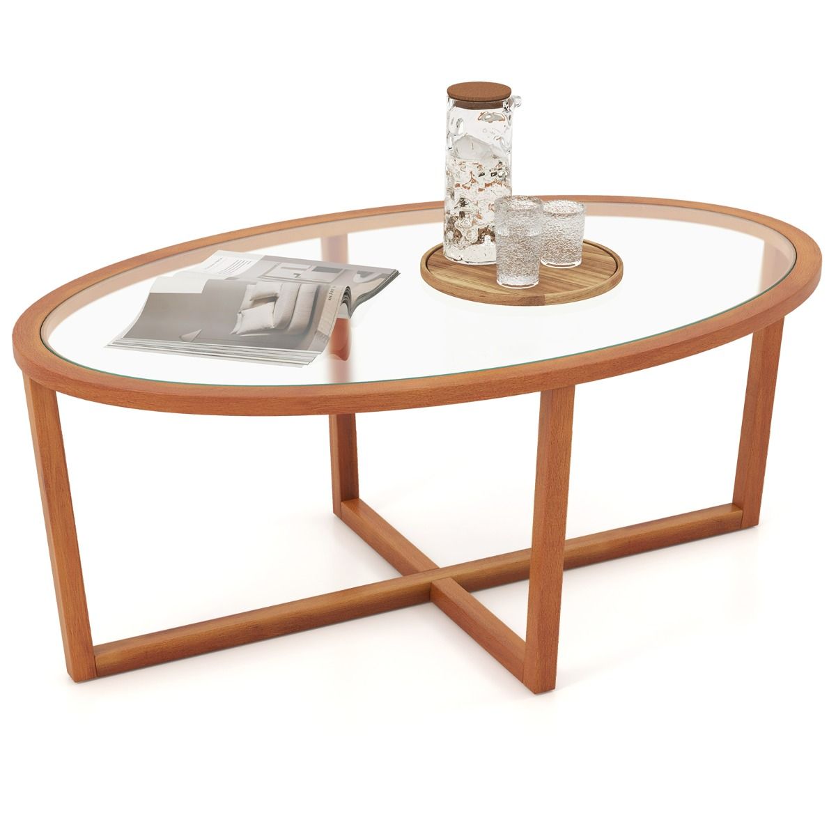 Coast salontafel - ovaal gehard glas - kruisvoet acaciahout - bruin - 118 x 71,5 x 47,5 cm