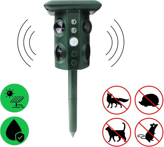 Fuegobird Ultrasone verjager - Dierenverjager - Diervriendelijke verjager - Supersonisch Flash Kattenverjager - Met Smart Modus - Ultrasone - Werkt op zonne-energie / USB oplaadkabel