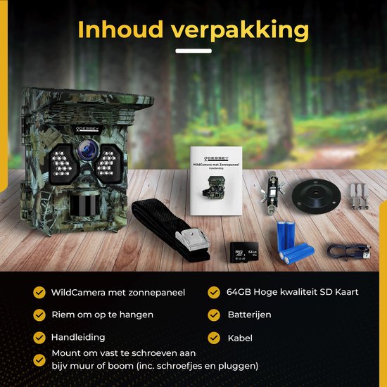 ODESSEY WildCamera met Zonnepaneel - 4K - 48MP - 64GB SD - met Nachtzicht - voor Buiten - Infrarood