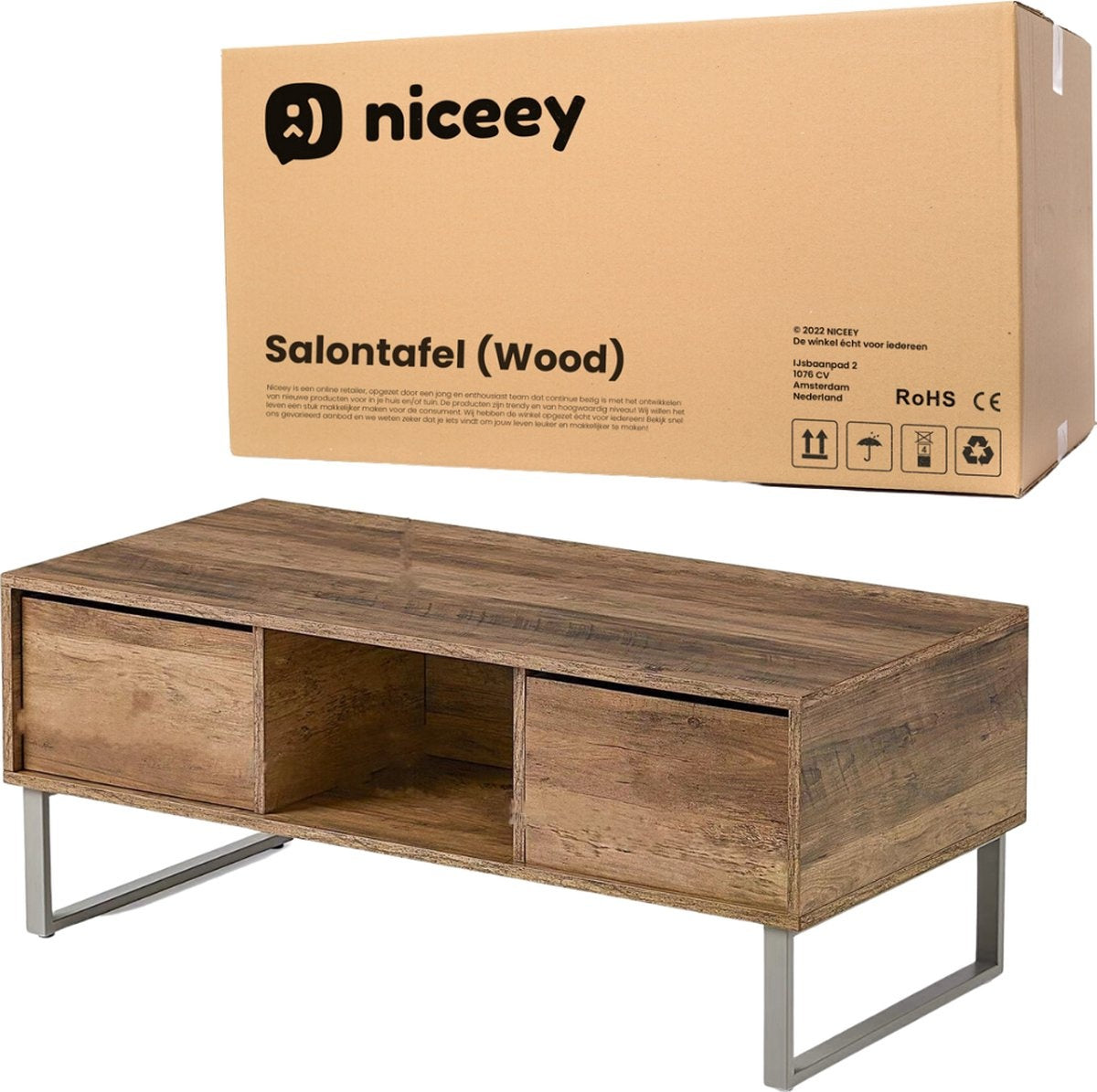 Niceey Salontafel met Lade - Koffietafel - Bijzettafel - Opbergruimte - 104 x 49.5 x 39.5 cm - Hout