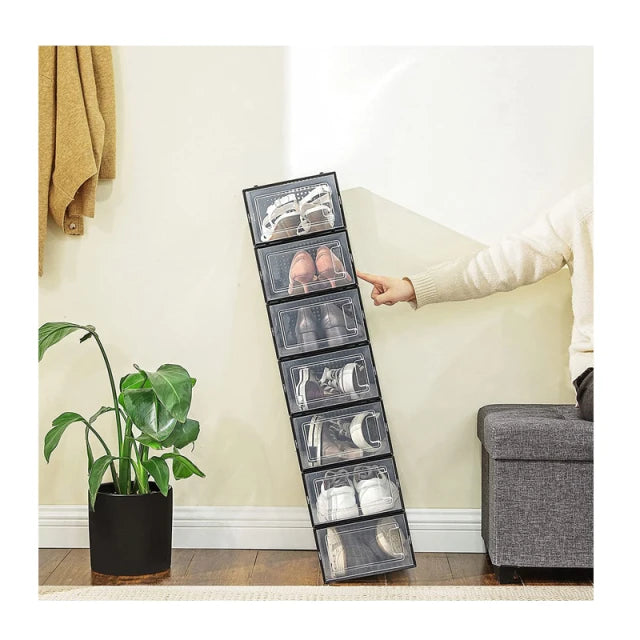 Songmics Opvouwbare Schoenendozen 18 stuks - 33,3 x 23 x 14 cm – Zwarte Kunststof Opbergboxen Met Deurtje