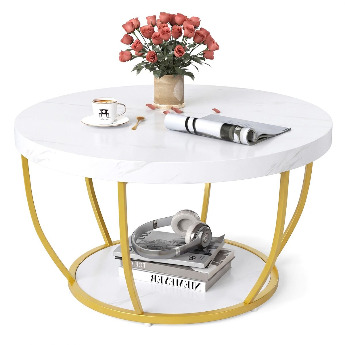 Coast Ronde Salontafel - 2 niveaus - metalen frame - wit - 80 x 45 cm
