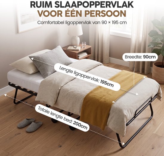 Infinity Goods Opklapbed Comfort 90 x 200 CM - Logeerbed - 1 Persoons - Vouwbed - Matras & Lattenbodem - Incl. Beschermhoes