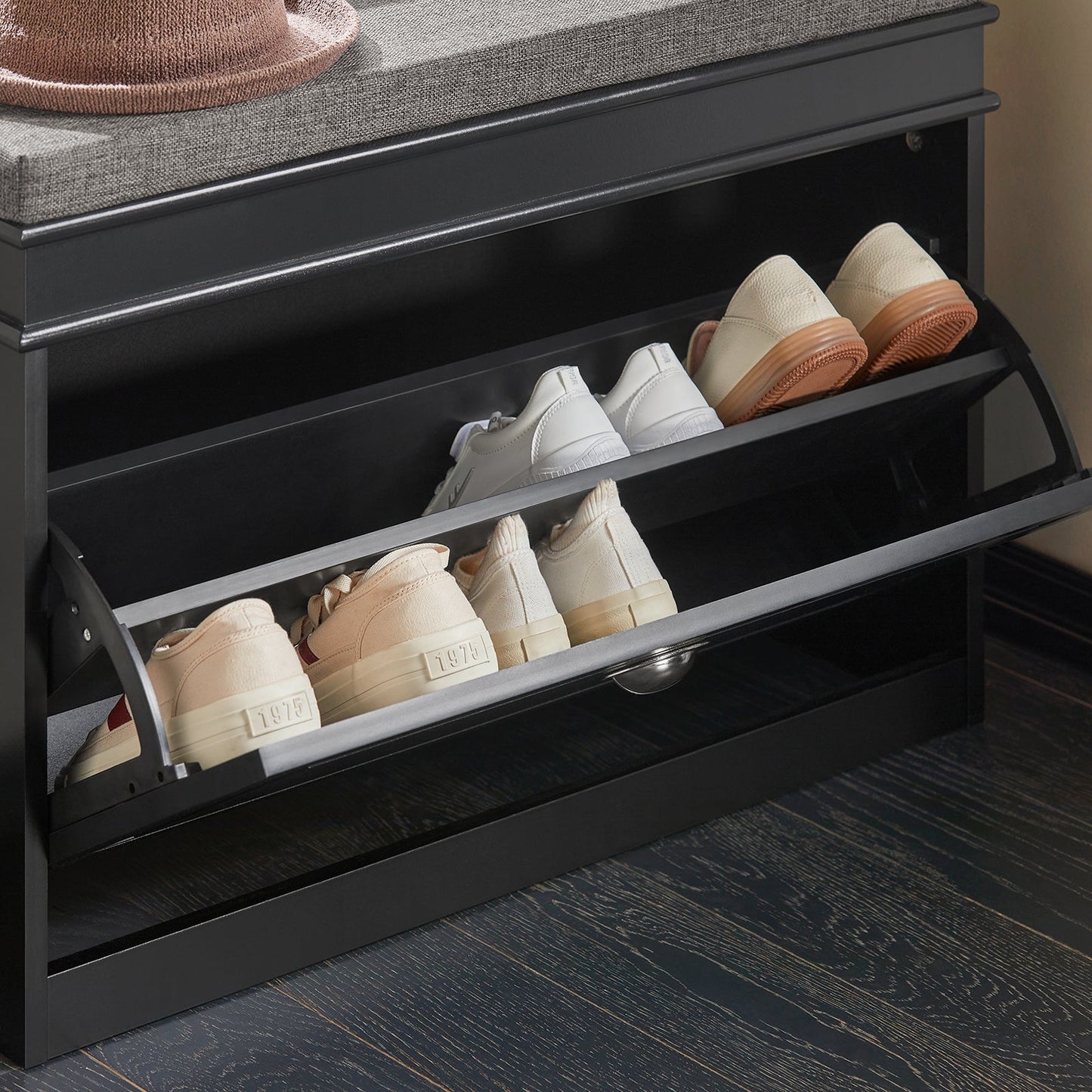 SoBuy Schoenenkast met gestoffeerde zitting - MDF - Max. 150 kg - 75 x 24 x 51 cm - Zwart/ Grijs