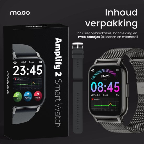 Maoo Amplify 2 Smartwatch – Bluetooth Belfunctie – WhatsApp Notificaties – Hartslag & Slaaptracker – Zwart – Android & iOS