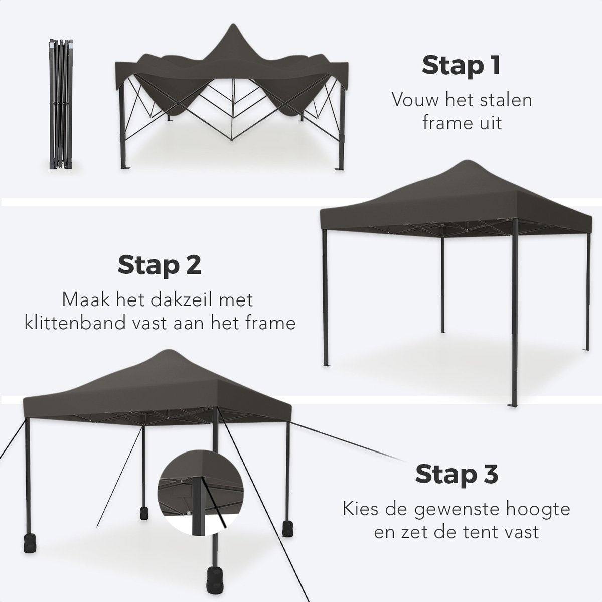 LifeGoods Partytent - Paviljoen - EasyUp - Opvouwbaar - Waterdicht - Met Draagtas - 300 x 300 cm - Antraciet
