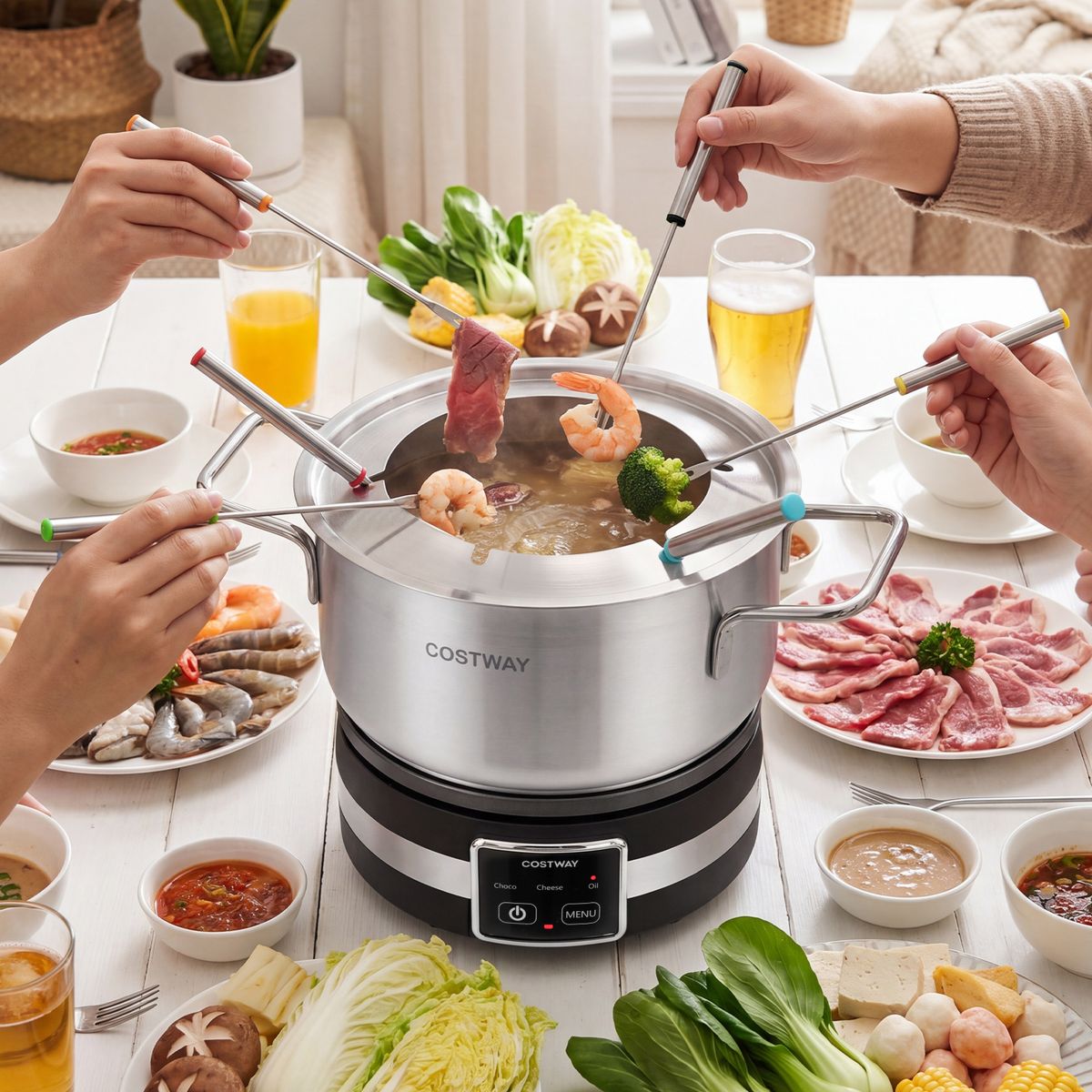 Coast Elektrische Fondueset - 1200 W - Temperatuurregelaar - Afneembare roestvrijstalen pan - Zilver en zwart