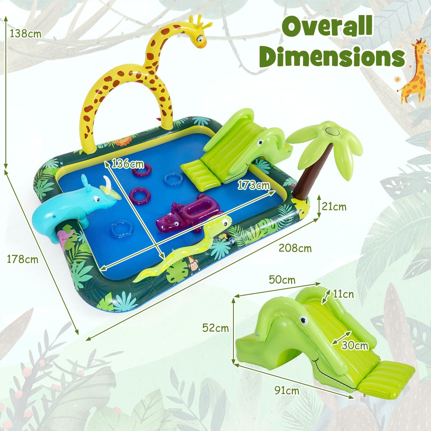 Coast Dieren in de Jungle Opblaasbaar Zwembad met Glijbaan en Sprinkler - Ringwerpspel Waterspeelcentrum voor Kinderen - 208x178x138 cm - Multikleur