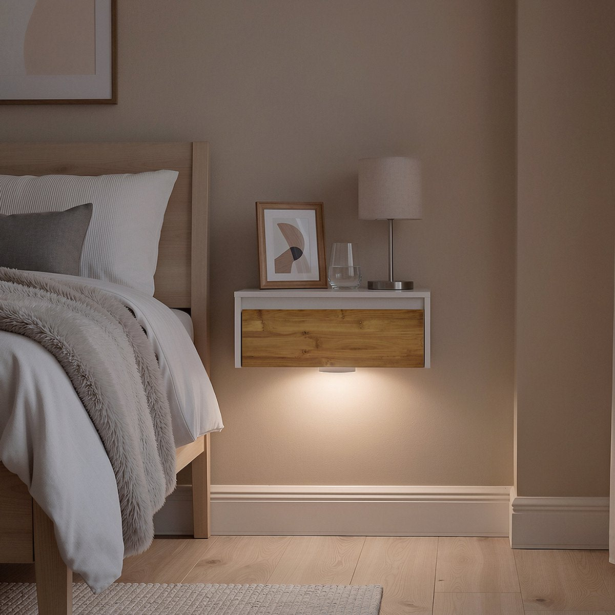 SoBuy Zwevend Nachtkastje met LED-verlichting - 1 Lade - Wit - 29x40x15 cm