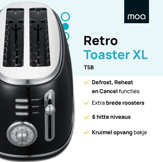 MOA Retro Broodroaster - Toaster voor 4 Sneden - Extra Brede Sleuven - 6 Warmteniveaus - 1500W - Zwart