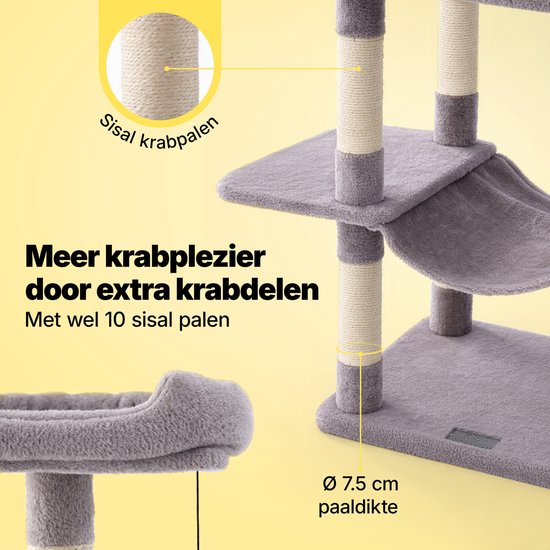 Jake en Jacky Krabpaal voor Katten - Kattenkrabpaal - Krabmeubel - Kattenboom - Krabpalen - Kattenhuis - Lichtgrijs - 147 cm Hoog