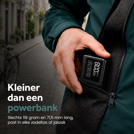 Tikkens® AirGo Elektrische Fietspomp XS - Mini Luchtcompressor - 118 gram - Draagbaar - Digitaal Display - Koersfiets - Racefiets - Gravelbike - Sportfiets - Stadsfiets - Mountainbike - Scooter - Fatbike - USB-C Oplaadbaar - Presta/Schräder/Dunlop