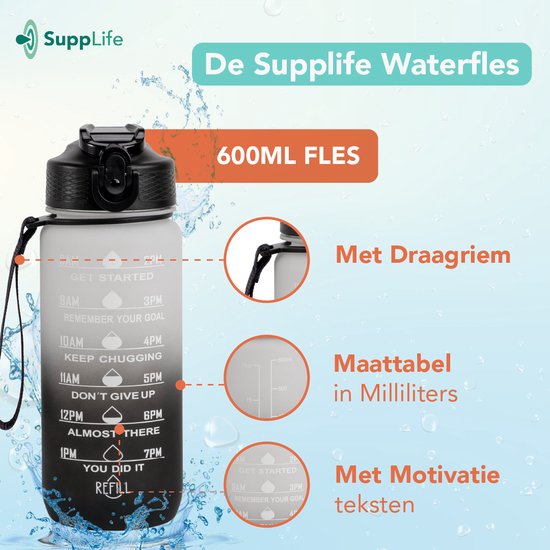 Supplife Motivatie Waterfles - 600 ml Drinkfles - Waterfles met Tijdmarkering - Met Rietje - Volwassenen - Kinderen - Wit Zwart