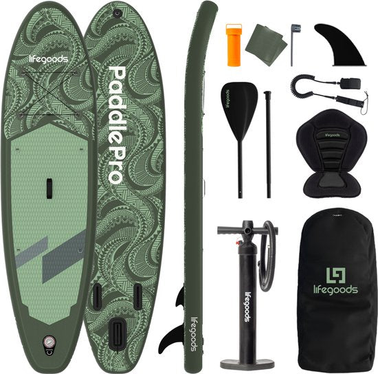 LifeGoods SUP Board Allround Compact - met Zitje - 100 KG Draagkracht - 300 x 76 cm - Opblaasbaar - Compleet SUP pakket - Groen/Legergroen