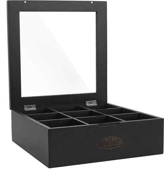 Theedoos - 9 Vakken - Theedoos Hout - Transparant Plexiglas Deksel - Magnetische Sluiting - Luxe Thee Doos - Schuine Vakjes - Bamboe - van Nimma