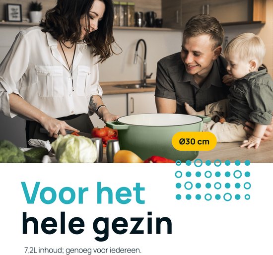 MOA Gietijzeren Braadpan - 7,2L - Voor Alle Warmtebronnen incl. Inductie - Met Deksel - Ø 30cm - Anti-Aanbaklaag - Groen