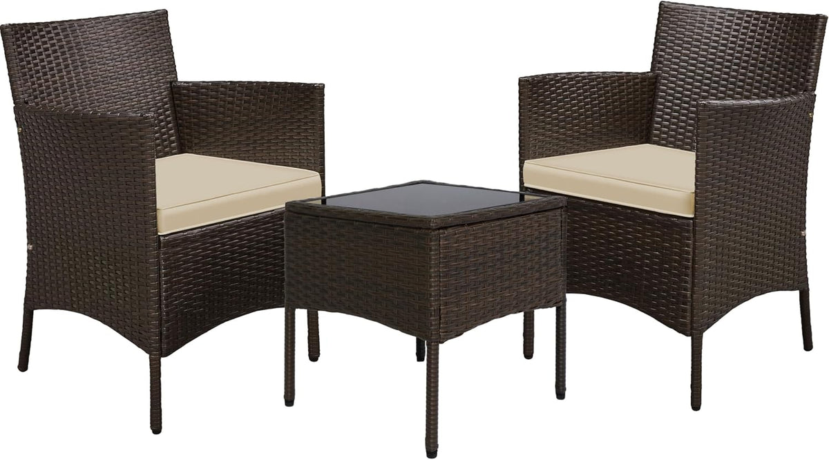Yaheetech driedelige tuinset van polyrotan - twee stoelen en tafel - bruin