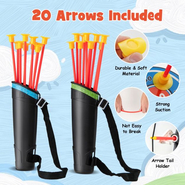 Boog en pijl set voor kinderen met LED-verlichting – incl. 20 pijlen, 2 draagkokerpauldrons, staand en hangend doelwit – speelset voor binnen en buiten – 110 x 30 cm