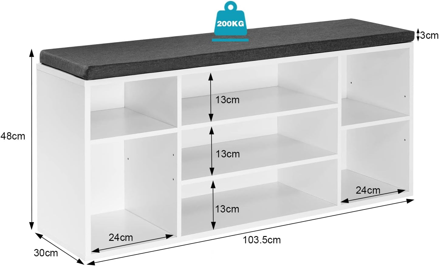 WOLTU Schoenbank Wit - 7 Vakken - 103,5x48x30cm