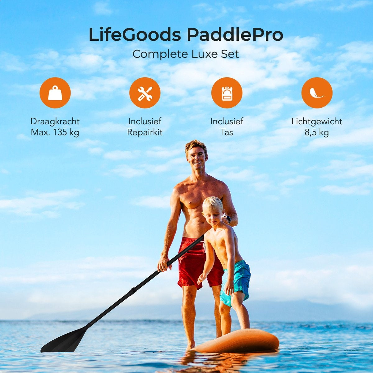 LifeGoods SUP Board - Luxe Set - met Zitje - Opblaasbaar Paddle Board - Max. 135KG - 320x81cm - Oranje